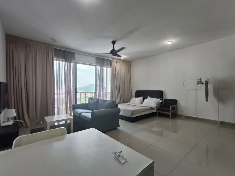 Living features: floor-to-ceiling windows, curtains, 3-seater fabric sofa in light blue, single bed with white bedding, wooden chair, white side table, white dining table, tile flooring, ceiling fan, recessed lighting; style: modern; view: mountain.