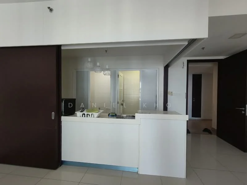 Kitchen features: white cabinetry, marble countertop, single-bowl stainless-steel sink, chrome pull-down faucet, built-in oven, freestanding range oven, pendant lighting, tile flooring, open layout, glass sliding door, recessed downlights; style: modern. Room features: white walls, tile flooring, sliding glass door, open layout.