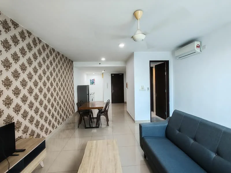 Living features: grey fabric sofa, wooden coffee table, wall-mounted TV, 3-blade ceiling fan, wall-mounted split AC, cream tiled flooring, decorative wallpaper with floral pattern, dining table with four chairs, refrigerator, door leading to hallway; style: modern.