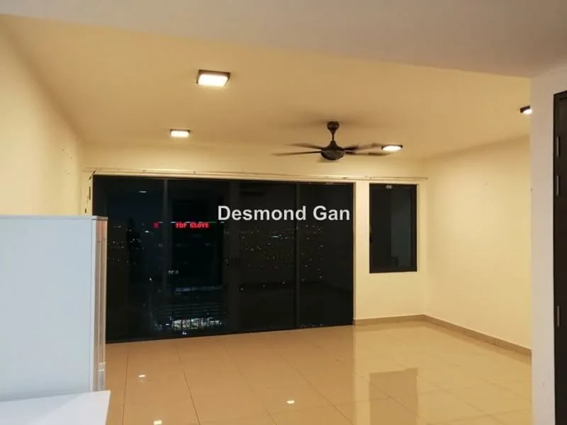 Living features: cream painted walls, glossy ceramic tile flooring, 5-blade ceiling fan with light, floor-to-ceiling windows, sliding glass door, city view, recessed LED downlights; style: modern; view: city.