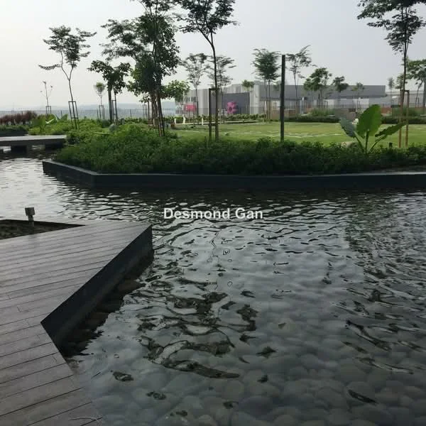 Exterior type: landscape garden; features: water feature with clear water, pebbled pathway, manicured lawn, mature trees, tropical landscaping, surrounding greenery, garden beds with plants, paved walkway; style: modern.