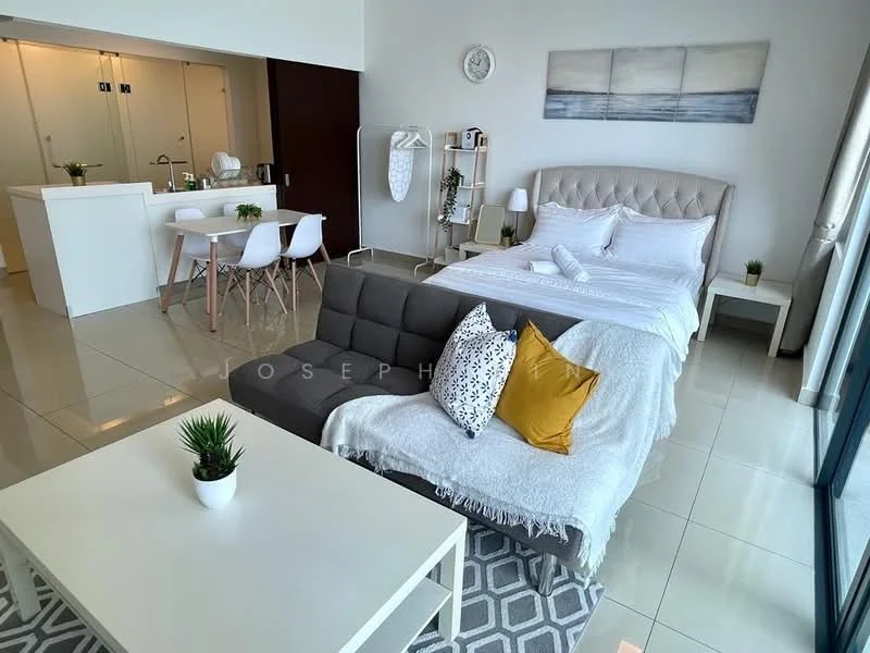 Living features: queen-size bed with upholstered headboard, 2-seater fabric sofa in grey, white coffee table, area rug with geometric pattern, white dining table with 4 chairs, wall-mounted artwork, floor-to-ceiling windows, light-colored walls, tile flooring, decorative plant on coffee table, hanging wall clock, clothes rack; style: modern; view: city.