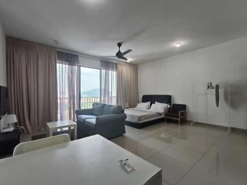 Living features: floor-to-ceiling windows, curtains, ceiling fan, sofa in light blue, bed in white bedding, wooden chair, white side table, white dining table, ceramic tile flooring, light grey walls, wall-mounted coat rack; style: modern; view: mountain.