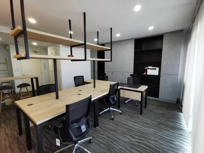 Study features: wooden flooring, grey painted walls, suspended wooden shelves, black office chairs, two large desks, built-in cabinetry, printer on cabinet, recessed LED downlights, large windows with natural light; style: modern.