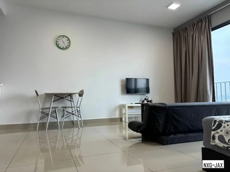 Living features: white painted walls, grey floor tiles, floor-to-ceiling windows, curtains, wall-mounted TV, coffee table, dining table with 4 chairs, clock on wall, sofa, decorative throw pillows; style: modern; view: city.