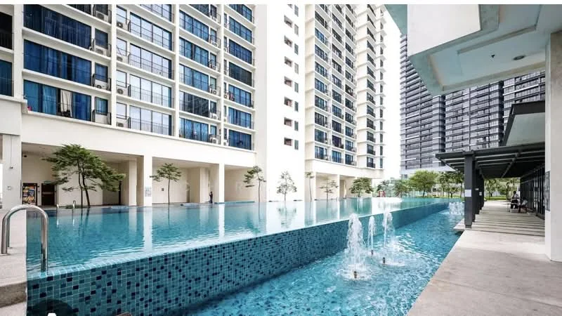 Exterior type: high-rise condominium; features: infinity pool, pool deck with loungers, water fountain feature, glass curtain wall facade, white painted facade, surrounded by landscaped greenery, multiple storeys, modern architectural design; style: modern.