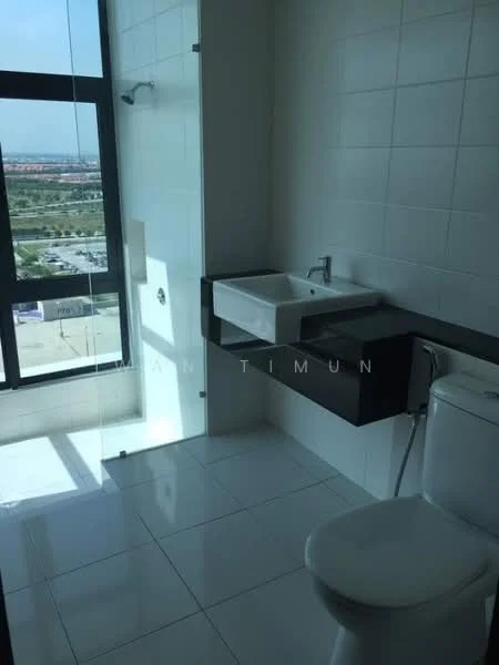 Bathroom features: white tiled walls, white ceramic floor tiles, walk-in shower with glass enclosure, chrome shower head, single-bowl sink, wall-mounted faucet, dark wood vanity, one-piece toilet, large window for natural light; style: modern; view: city.