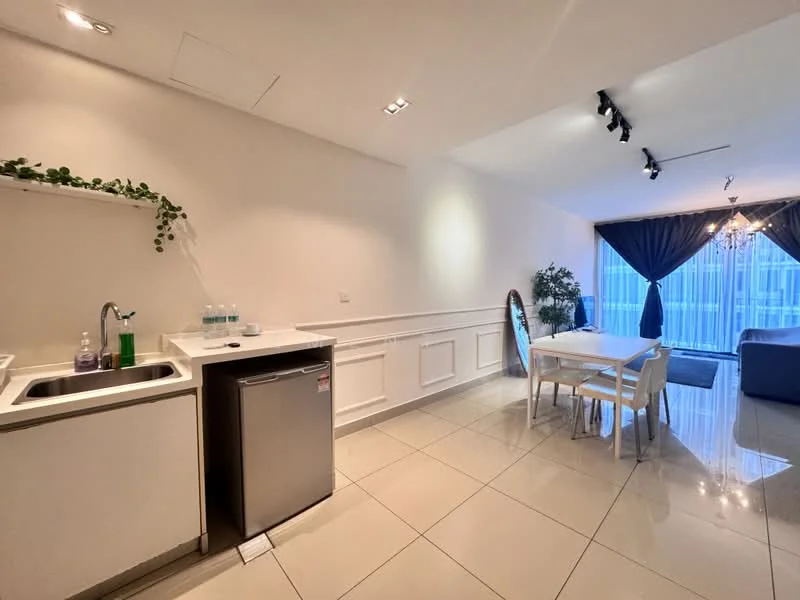 Kitchen features: single-bowl stainless-steel sink, chrome pull-down faucet, white cabinetry, built-in fridge, white tiled backsplash, marble countertop, recessed downlights, tile flooring; style: modern. Dining features: 4-seater dining table, white dining chairs, decorative mirror, plant decoration; style: modern. Living features: sofa, floor-to-ceiling windows with curtains, chandelier, area rug; style: modern.