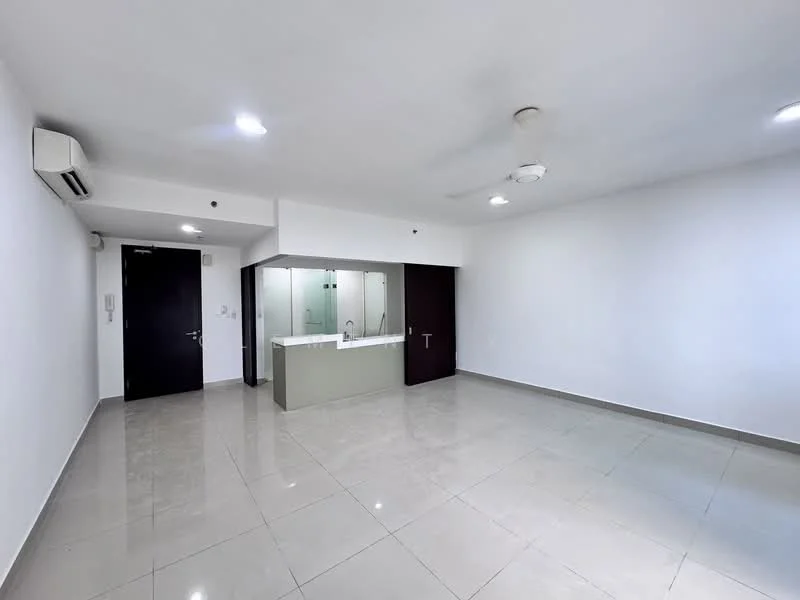 Room features: white painted walls, polished ceramic tile flooring, ceiling fan, 2 wall-mounted split AC units, recessed downlights, 1 door leading to bathroom, 1 door leading to unknown room, open layout; style: modern.