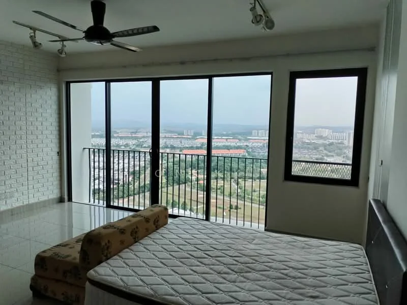Bedroom features: floor-to-ceiling windows, city view, white painted walls, grey tiled flooring, ceiling fan, balcony door, unmade bed with mattress, decorative wall with white bricks; style: modern; view: city.