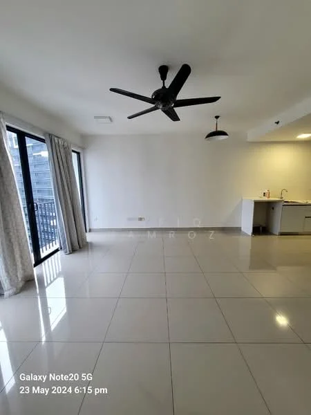Living features: white painted walls, polished ceramic tile flooring, 5-blade ceiling fan, recessed downlights, sliding glass door, floor-to-ceiling windows, curtains, kitchenette with sink, pendant light; style: modern.