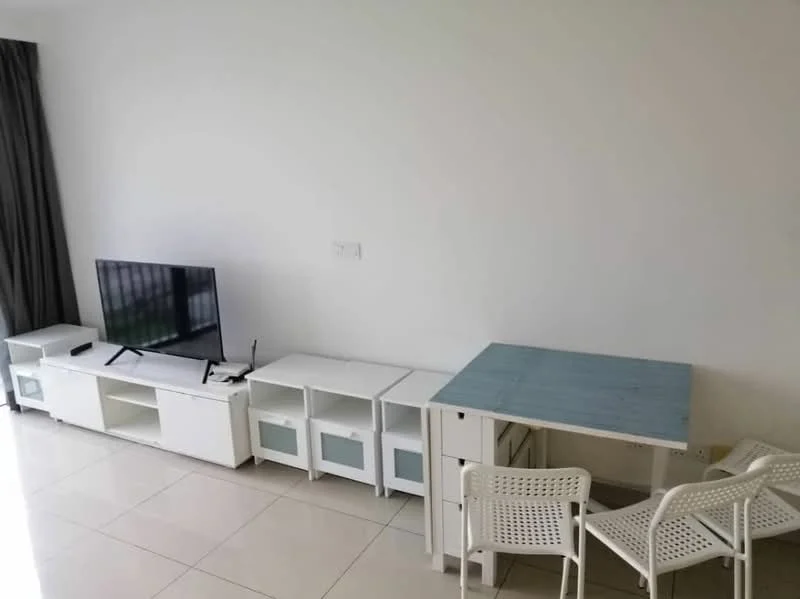 Living features: white painted walls, glossy tile flooring, floor-to-ceiling windows, TV console, wall-mounted TV, white shelving units, light blue tabletop, two white chairs, curtains, minimalist decor; style: modern.