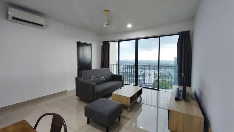 Living features: 3-seater fabric sofa in grey, wood coffee table, wood TV console, floor-to-ceiling windows, sliding glass door, grey curtains, wall-mounted TV, 1 wall-mounted split AC, ceiling fan, glossy tile flooring, white painted walls; style: modern; view: city.