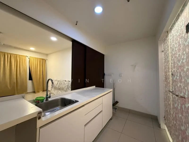 Kitchen features: single-bowl stainless-steel sink, chrome pull-down faucet, white laminate countertop, white cabinetry with flat-panel doors, tile backsplash, recessed downlights, cream ceramic tile flooring, window with sheer curtains; style: modern.