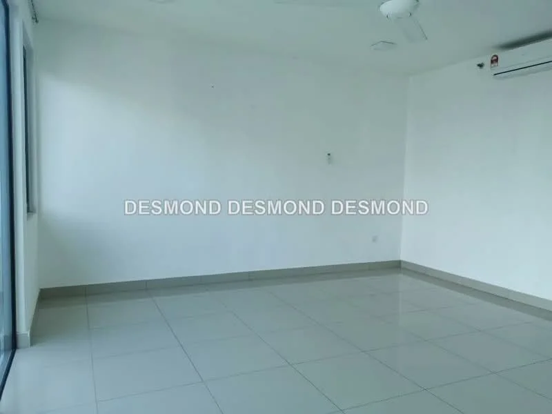 Room features: white painted walls, glossy ceramic tile flooring, ceiling fan, wall-mounted split AC, large windows, neutral color scheme; style: modern.