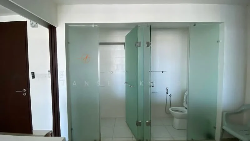Bathroom features: glass shower enclosure, toilet, white tiled walls, white tiled flooring, frosted glass doors, sink with faucet, mirror, wall-mounted bidet spray; style: modern.