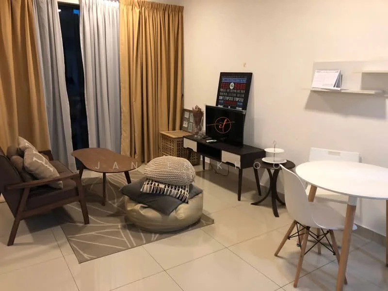 Living features: beige fabric sofa, wooden coffee table, round dining table, white dining chairs, bean bag chair, area rug with geometric pattern, TV console, decorative wall art, curtains in beige and white, floor-to-ceiling windows, light-colored tiled flooring; style: modern.