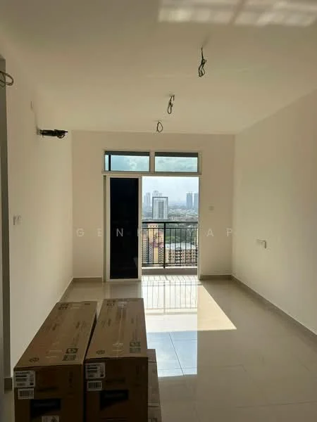 Room features: white painted walls, glossy tile flooring, floor-to-ceiling windows, sliding glass door, city view, recessed downlights, ceiling-mounted lighting, unfurnished space, two cardboard boxes; style: modern; view: city.