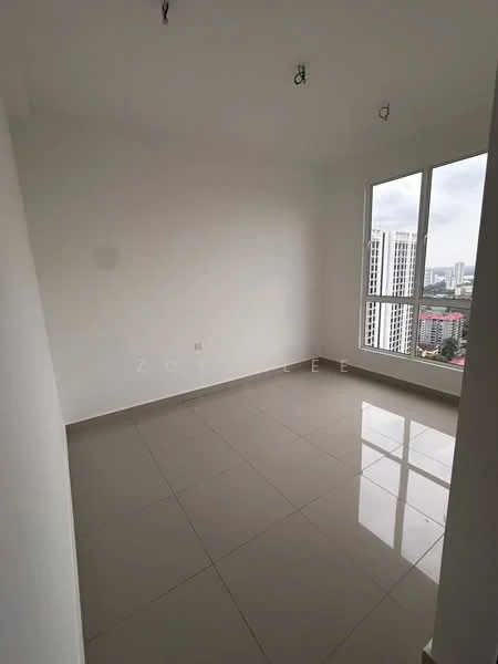 Room features: white painted walls, glossy ceramic tile flooring, floor-to-ceiling windows, city view, recessed ceiling lights; style: modern; view: city.