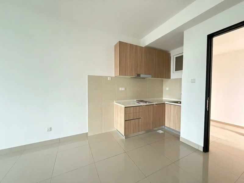 Kitchen features: light wood cabinetry, white countertop, built-in stove, single-bowl stainless-steel sink, chrome pull-down faucet, cream tiled backsplash, cream tiled flooring, window above sink, open layout, neutral wall color; style: modern.
