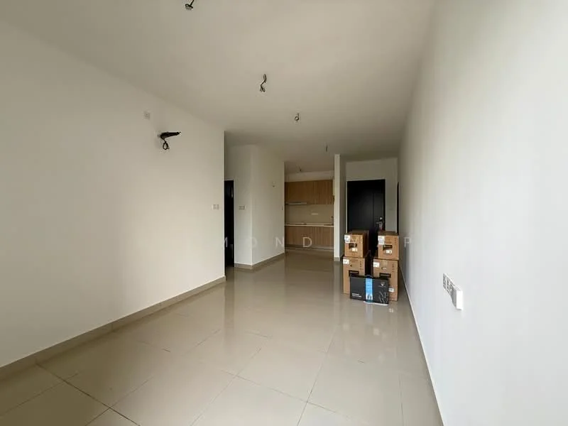 Living features: white painted walls, glossy ceramic tile flooring, recessed downlights, 1 wall-mounted light fixture, open layout to kitchen, boxes stacked in corner. Kitchen features: wood cabinetry, countertop, unknown appliances.