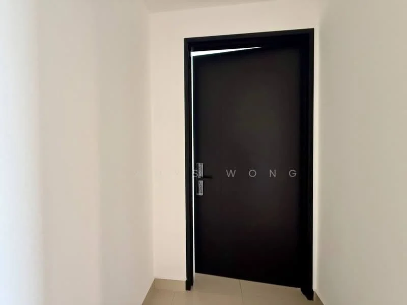 Room features: black entrance door, white painted walls, light beige tile flooring, door handle with lock, corner wall; style: modern.