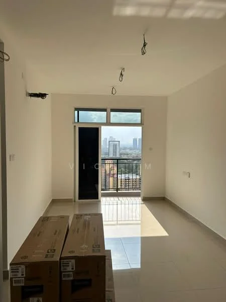 Living features: white painted walls, glossy tile flooring, floor-to-ceiling windows, sliding glass door, balcony access, recessed downlights, two visible boxes, city skyline view; style: modern; view: city.