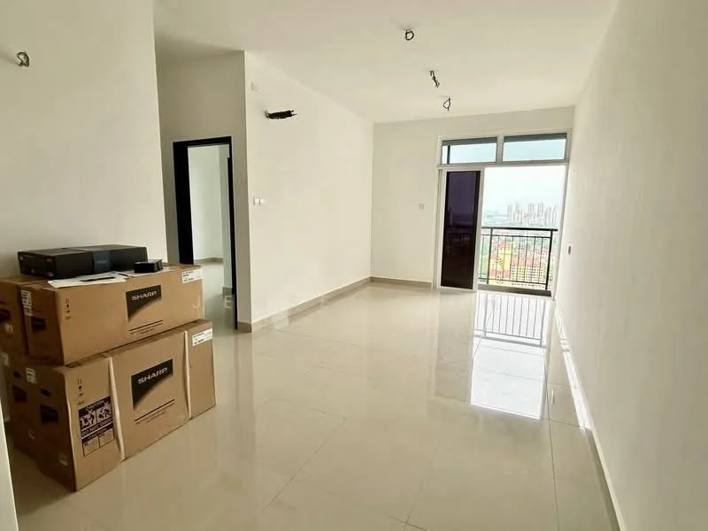 Room features: white painted walls, glossy ceramic tile flooring, large sliding glass door, floor-to-ceiling windows, recessed downlights, open space layout, balcony access, boxes stacked in the corner; style: modern; view: city.