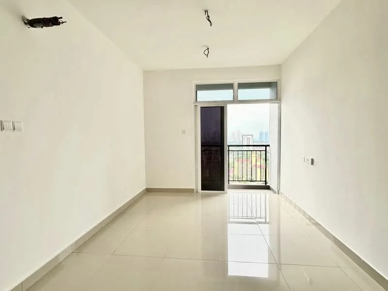 Room features: white painted walls, glossy ceramic tile flooring, floor-to-ceiling windows, sliding glass door, balcony access, recessed downlights, 1 ceiling fan, neutral color scheme; style: modern; view: city.
