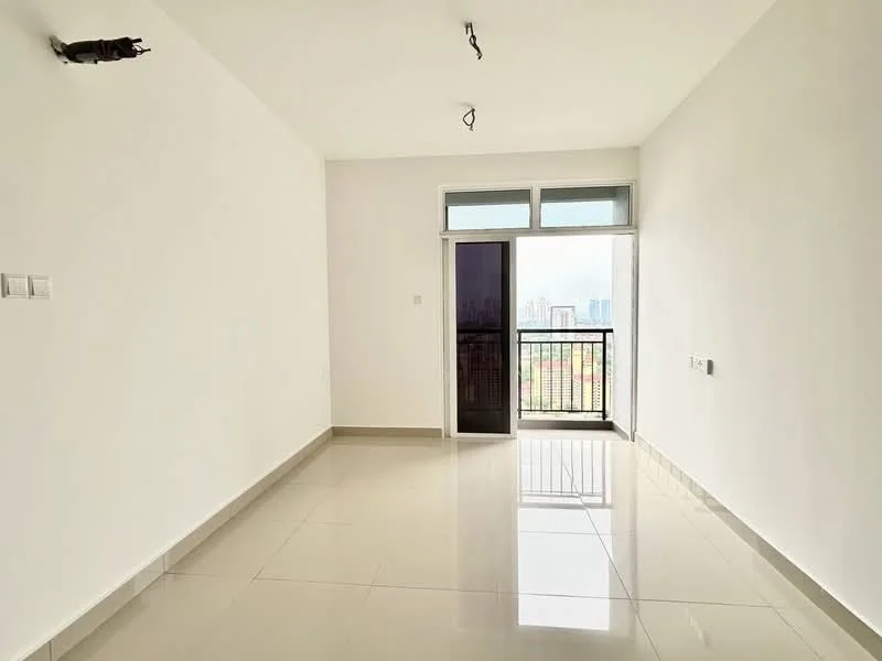 Room features: white painted walls, glossy ceramic tile flooring, floor-to-ceiling windows, sliding glass door, balcony access, recessed downlights, single ceiling light fixture, view of city skyline; style: modern; view: city.