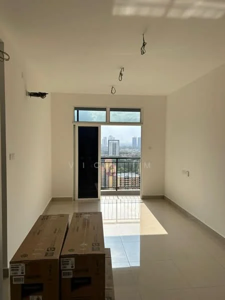Living features: white painted walls, glossy ceramic tile flooring, floor-to-ceiling windows, sliding glass door, balcony access, recessed downlights, 2 wall-mounted light fixtures, city skyline view; style: modern; view: city.