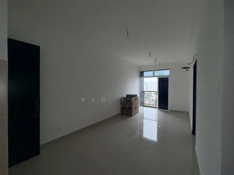 Room features: white painted walls, polished tile flooring, large windows, balcony door, ceiling lights, cardboard boxes, door to another room, neutral color scheme; style: modern; view: city.