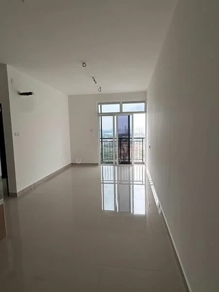 Living features: white painted walls, polished ceramic tile flooring, recessed downlights, floor-to-ceiling windows, sliding glass door, balcony access, city view; style: modern; view: city.