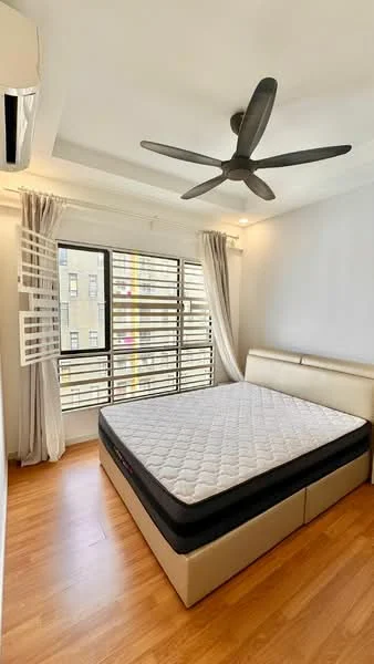 Bedroom features: queen-size bed, upholstered headboard, wooden flooring, 5-blade ceiling fan, floor-to-ceiling windows, sheer curtains, blackout curtains, wall-mounted split AC, decorative wall paneling, light-colored walls; style: modern.
