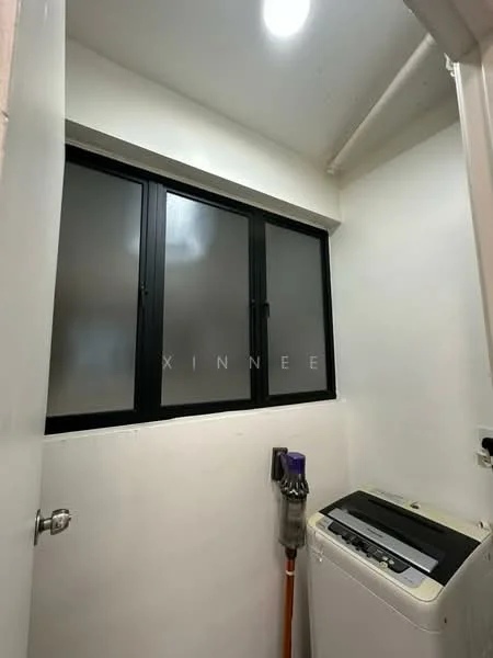 Laundry features: white painted walls, black framed windows, washing machine, dryer, overhead lighting.