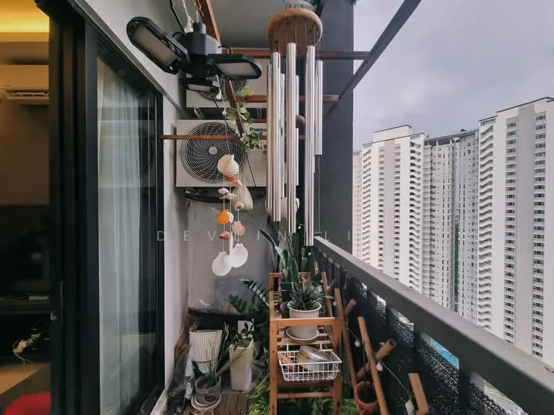 Balcony features: hanging wind chimes, wall-mounted air conditioning unit, potted plants, wooden shelving unit, decorative ceramic pots, hanging planters, metal railing, city skyline view; style: modern; view: city.