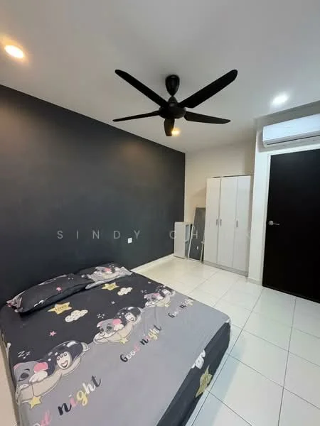 Bedroom features: queen-size bed with cartoon-themed bedding, black accent wall, white tiled flooring, 5-blade ceiling fan with light, built-in wardrobe, air conditioning unit, light fixture, white door; style: modern.
