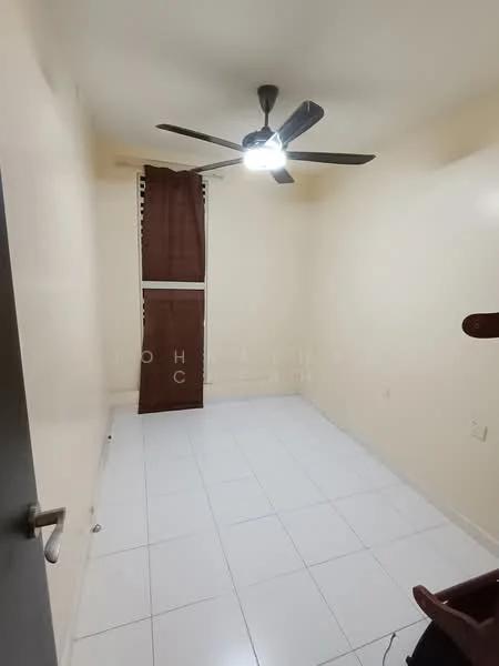 Room features: white painted walls, white tile flooring, ceiling fan with light, window with brown curtains, single light fixture.