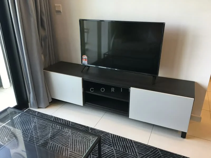 Living features: black TV console with white doors, flat-screen TV, grey curtains, white tiled flooring, glass coffee table, area rug with geometric pattern; style: modern.