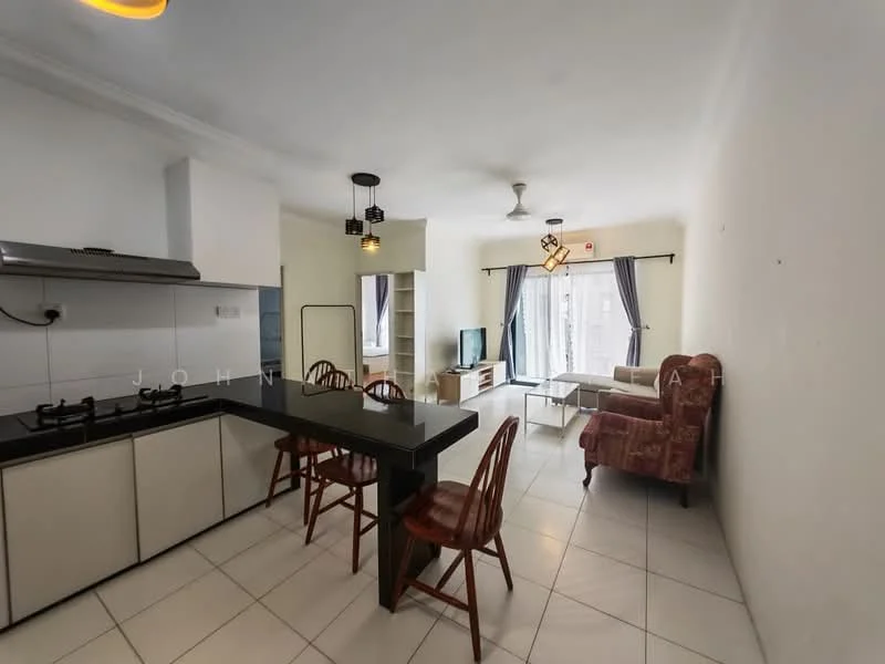 Kitchen features: black countertop, white cabinetry, stainless-steel gas hob, exhaust hood, white tiled backsplash, open shelving, bar stools; style: modern. Living features: sofa, coffee table, TV console, wall-mounted TV, floor-to-ceiling windows, curtains, ceiling fan; style: modern.