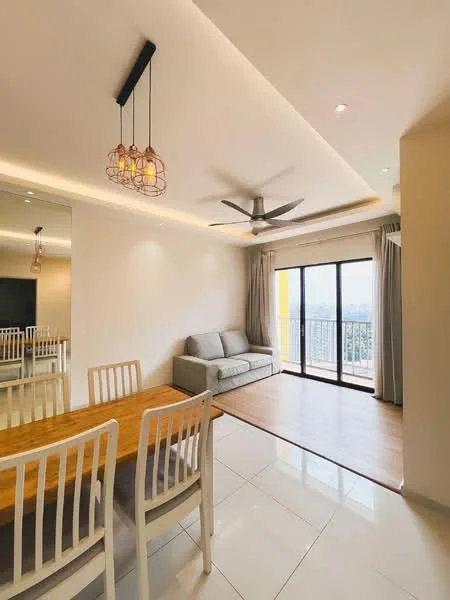 Living features: 3-seater fabric sofa in light grey, wooden dining table with 6 white chairs, ceiling fan with 3 blades, recessed LED downlights, hanging pendant light, floor-to-ceiling sliding glass door, curtains, white painted walls, glossy tile flooring, mirror wall, view of city skyline; style: modern; view: city.