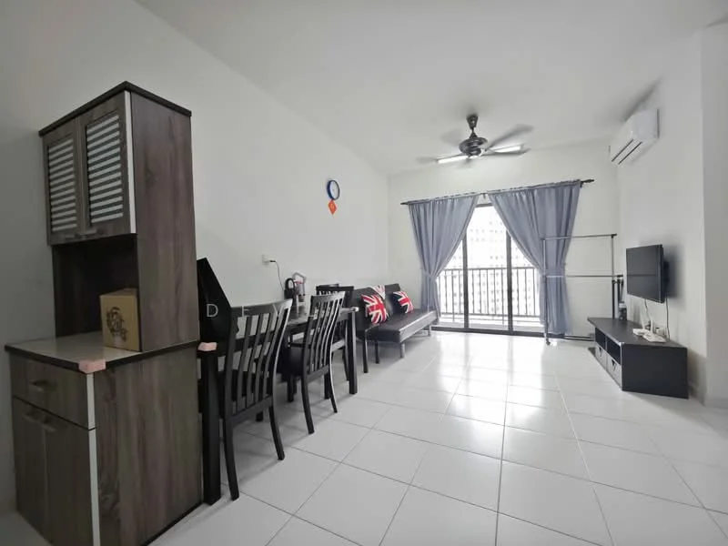 Living features: white painted walls, ceramic tile flooring, 5-blade ceiling fan with light, floor-to-ceiling windows, sliding glass door, grey curtains, black TV console, sofa bed, dining table with four chairs, wooden cabinet with glass doors; style: modern; view: city.