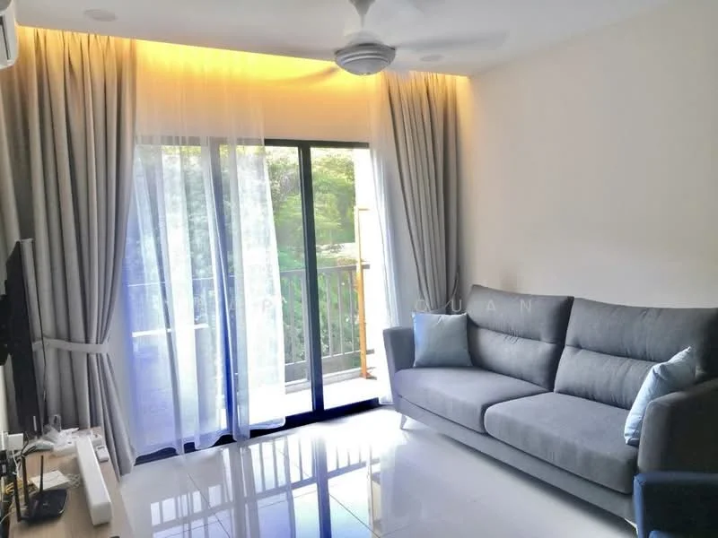 Living features: grey fabric sofa, floor-to-ceiling windows, sheer curtains, recessed LED downlights, ceiling fan, white painted walls, glossy tile flooring, balcony access; style: modern; view: garden.