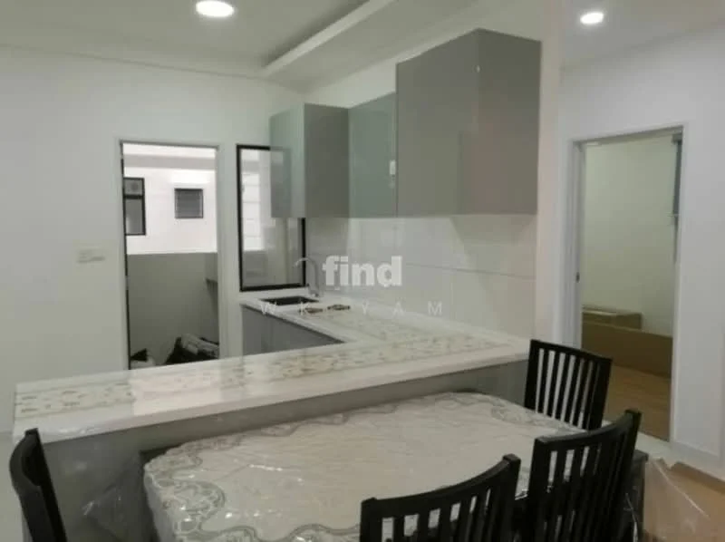 Kitchen features: white cabinets with grey fronts, marble countertop, stainless-steel sink, chrome pull-down faucet, built-in stove, wall-mounted cabinets, open layout, dining table with chairs, floor tiles, window for natural light, light fixtures, neutral wall color; style: modern. Dining features: dining table with tablecloth, black wooden dining chairs; style: modern. Room features: doorway leading to another room, light-colored walls.