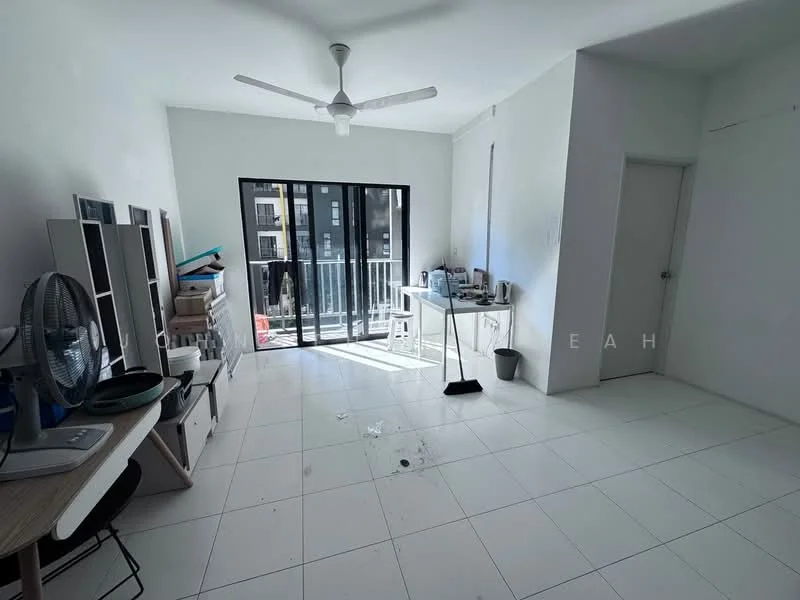 Living features: white painted walls, white tiled flooring, 5-blade ceiling fan, floor-to-ceiling sliding glass door, balcony view, open shelving, table with chairs, broom, fan, cleaning supplies; style: modern; view: city.