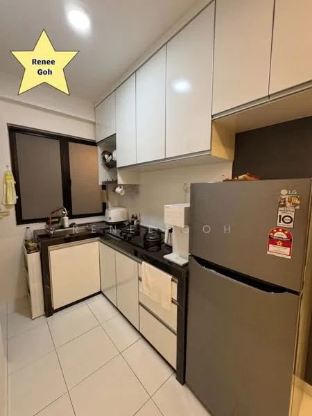 Kitchen features: white upper cabinets, cream lower cabinets, black countertop, stainless-steel fridge, built-in microwave, kettle, toaster, single-bowl stainless-steel sink, chrome pull-down faucet, ceramic tile flooring, recessed downlights, window with black frame, dish rack, kitchen towels; style: modern.