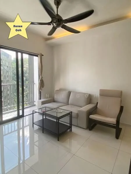 Living features: 3-seater fabric sofa in light grey, glass coffee table, single armchair in cream, floor-to-ceiling sliding glass door, white painted walls, white ceiling with recessed lighting, 5-blade ceiling fan, glossy tile flooring, curtains on sliding door; style: modern; view: garden.