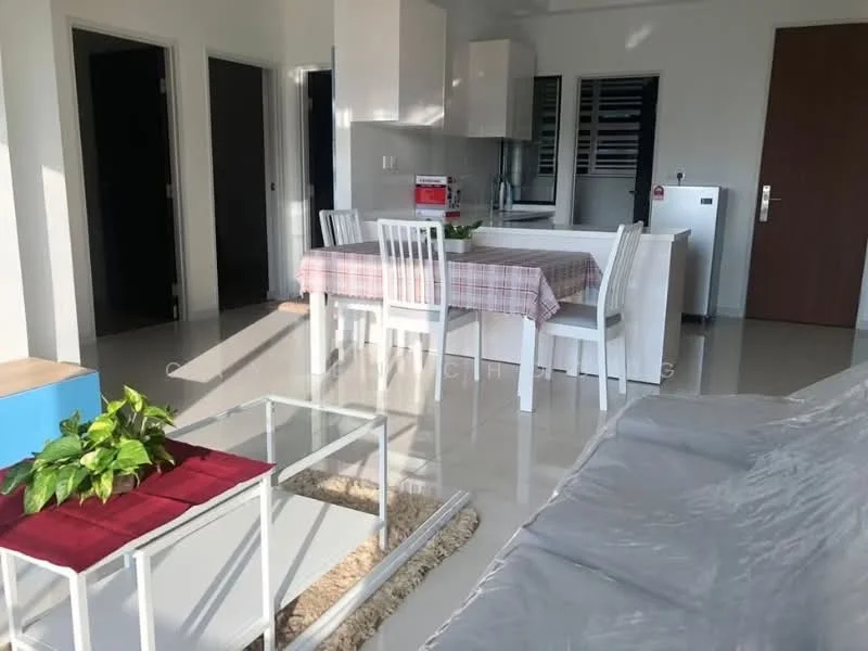 Living features: white walls, glossy tile flooring, dining table with checkered tablecloth, 4 white dining chairs, kitchen island with bar seating, stainless-steel fridge, open layout, large windows for natural light, sofa with grey upholstery, coffee table with glass top, decorative plant on coffee table, neutral color palette; style: modern.