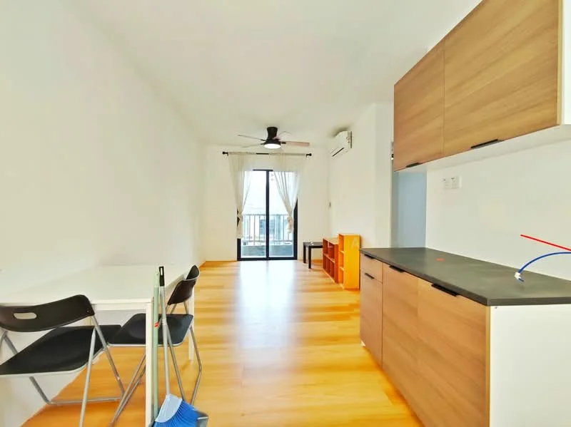 Living features: light wood laminate flooring, white painted walls, 5-blade ceiling fan with light, floor-to-ceiling sliding glass door, sheer curtains, black dining table with 4 chairs, kitchen cabinetry with wood finish, black countertop, air conditioning unit, open layout; style: modern; view: city.