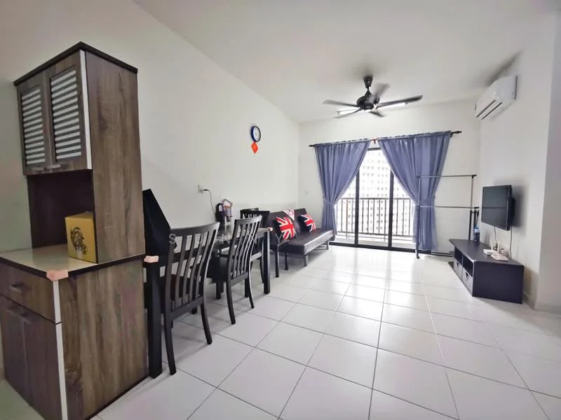 Living features: white painted walls, tile flooring, 5-blade ceiling fan with light, floor-to-ceiling windows, sliding glass door, grey fabric sofa, black TV console, wall-mounted TV, dining table with 4 chairs, decorative wall clock, curtains, decorative cushion with Union Jack pattern; style: modern; view: city.